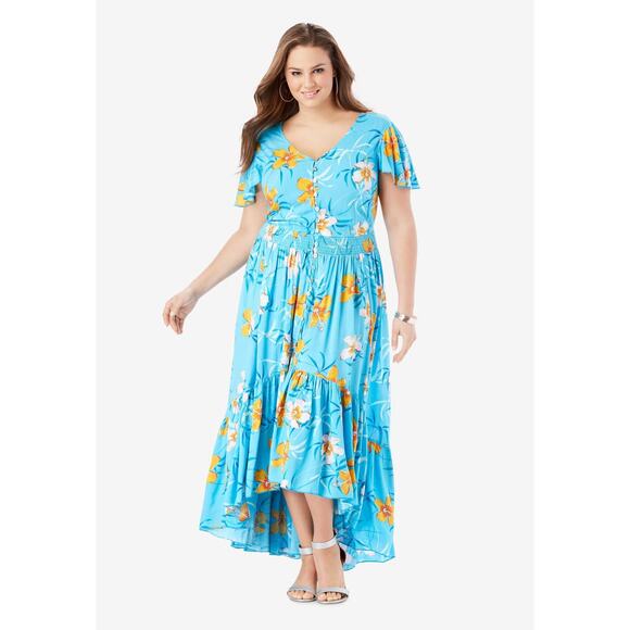 Roaman's Size 18W Blue Floral V-Neck Button Front High Low Flutter Sleeve Dress - Picture 1 of 8